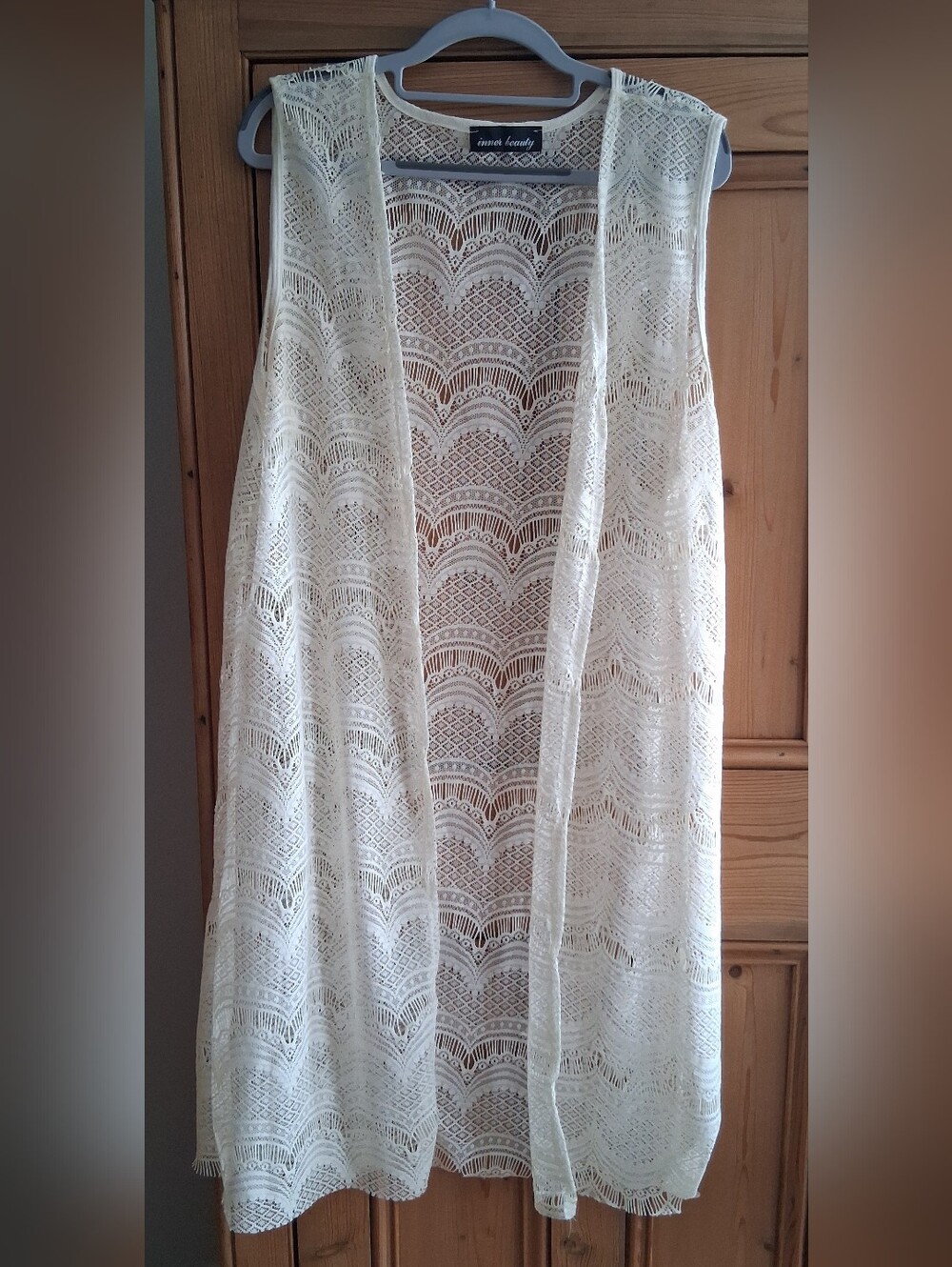 Inner Beauty Ivory Vest Lace Kimono, Long, One Size Fits Most, Rough Edge Hem